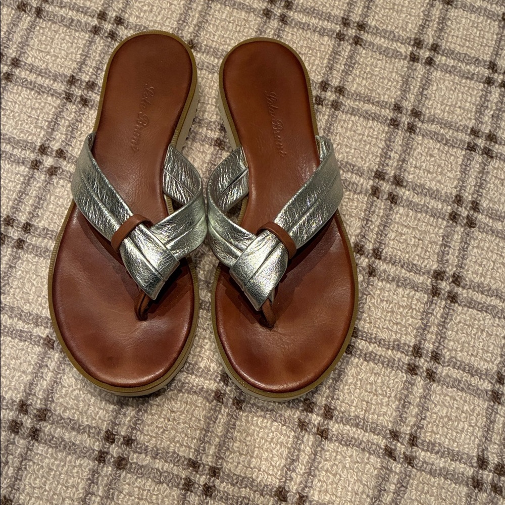 Braided Metallic Silver Toe-Post Sandals with Brown Footbed